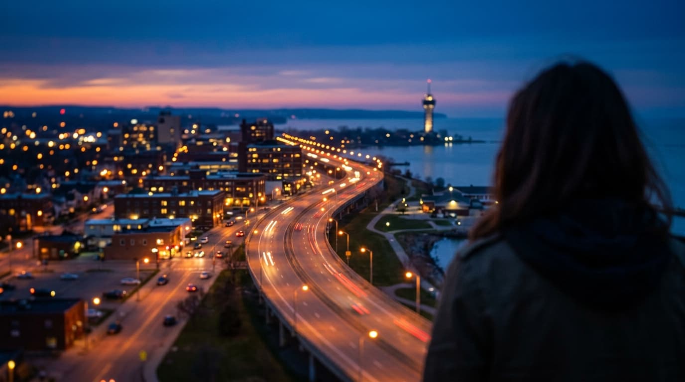 A tilt-shift, blue hour view of the illuminated Erie Bayfront Parkway. Sharp leading lines of glowing streetlamps draw the...