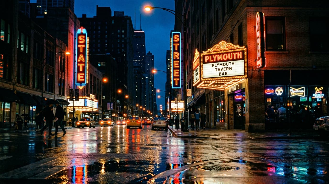 Low-angle, 35mm midnight shot of the neon-lit State Street signs reflecting on wet asphalt. The composition places the glo...