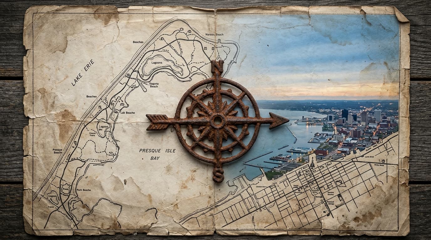 Overhead macro flat-lay of a textured, weathered map of Presque Isle State Park under overcast morning light, with a ruste...