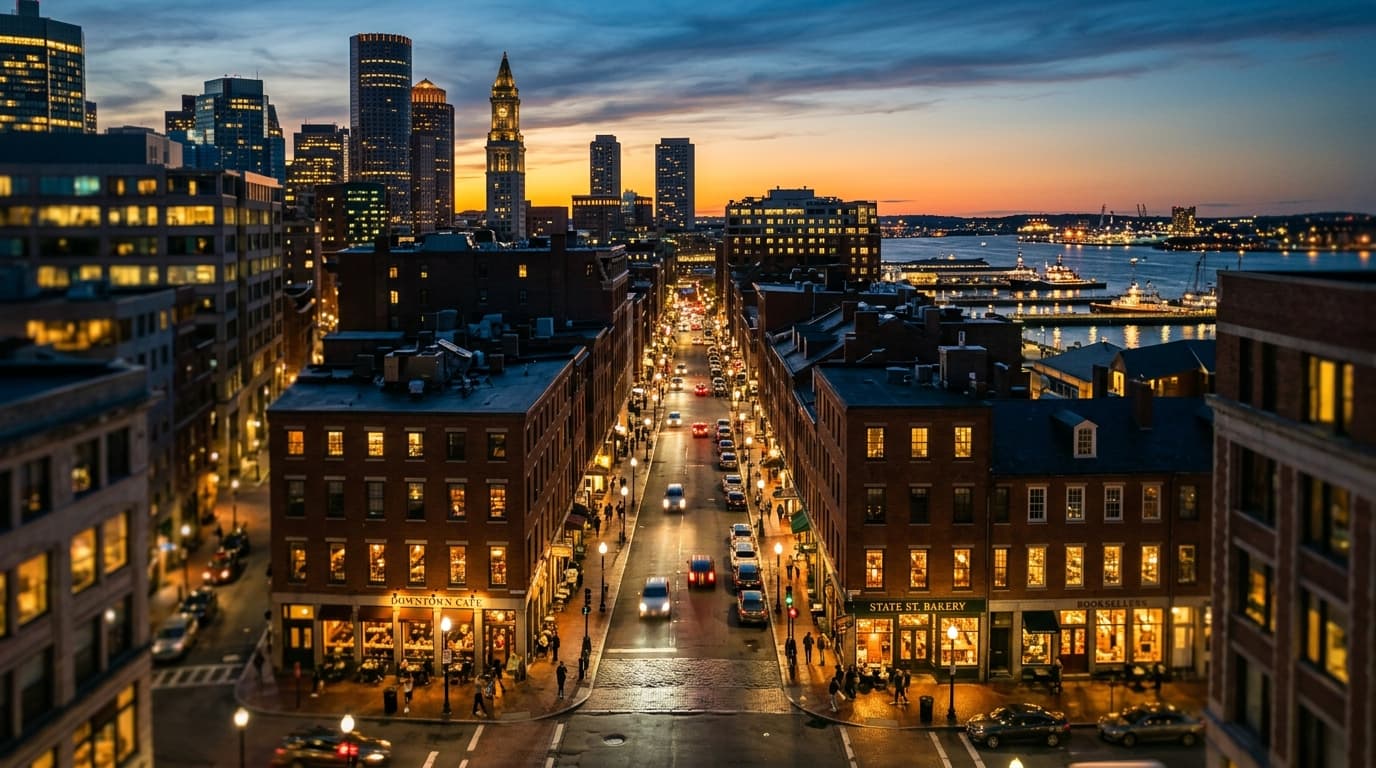 A wide, tilt-shift shot of the State Street corridor at dusk, where warm tungsten lights glow from the windows of downtown...