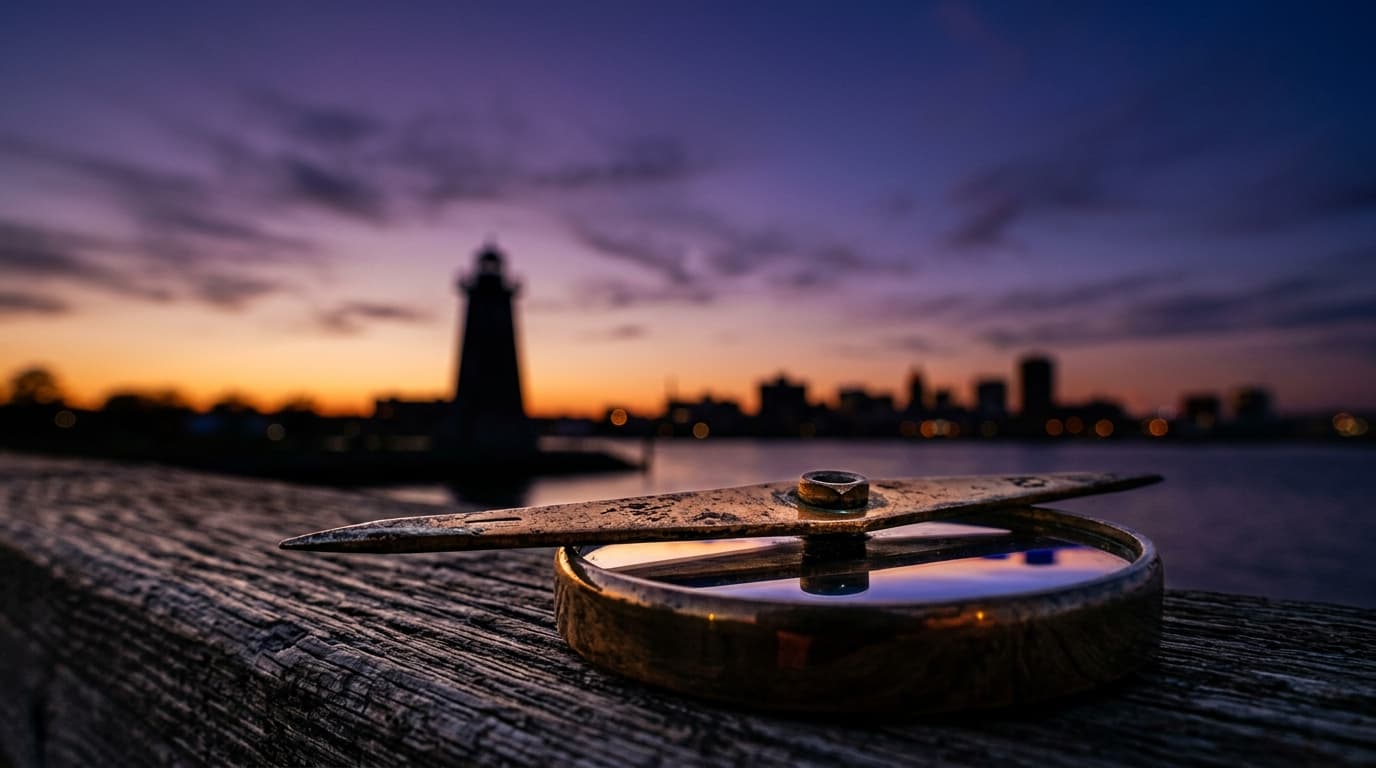 Extreme close-up macro of a weathered bronze compass needle resting on a dock railing, reflecting the golden orange glow o...