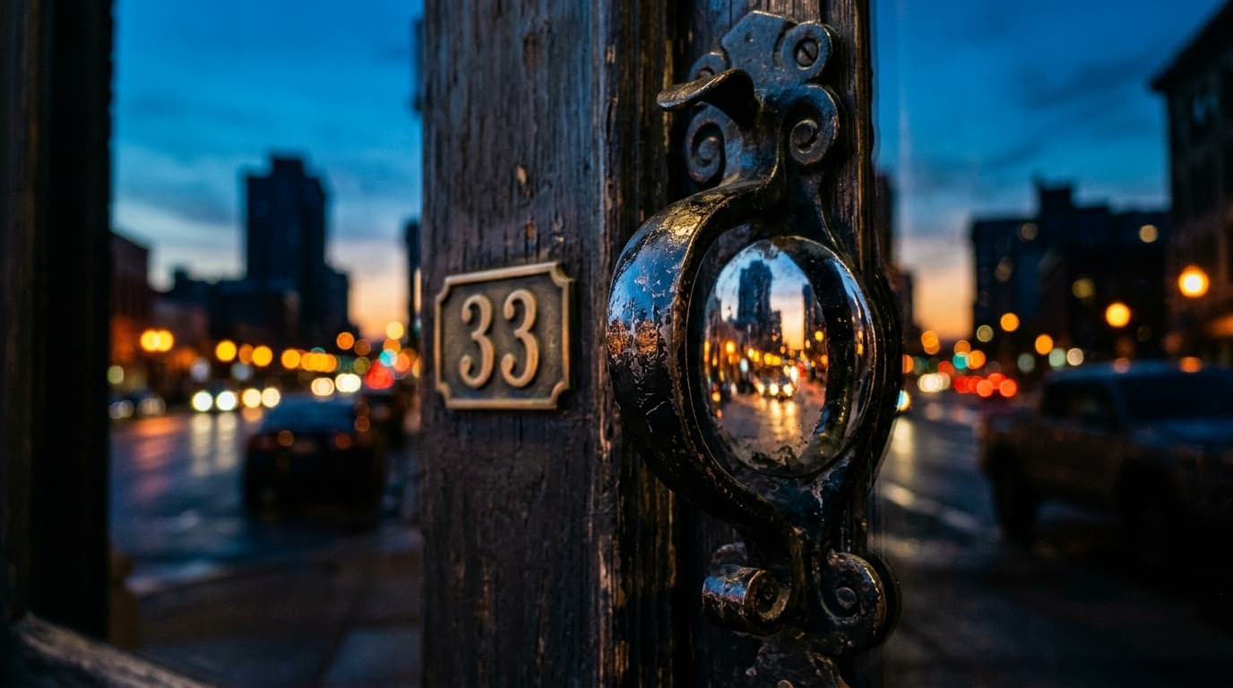 A tight 100mm macro shot of the ornate, darkened iron handle on the entrance door of Room 33, reflecting the glowing, blur...