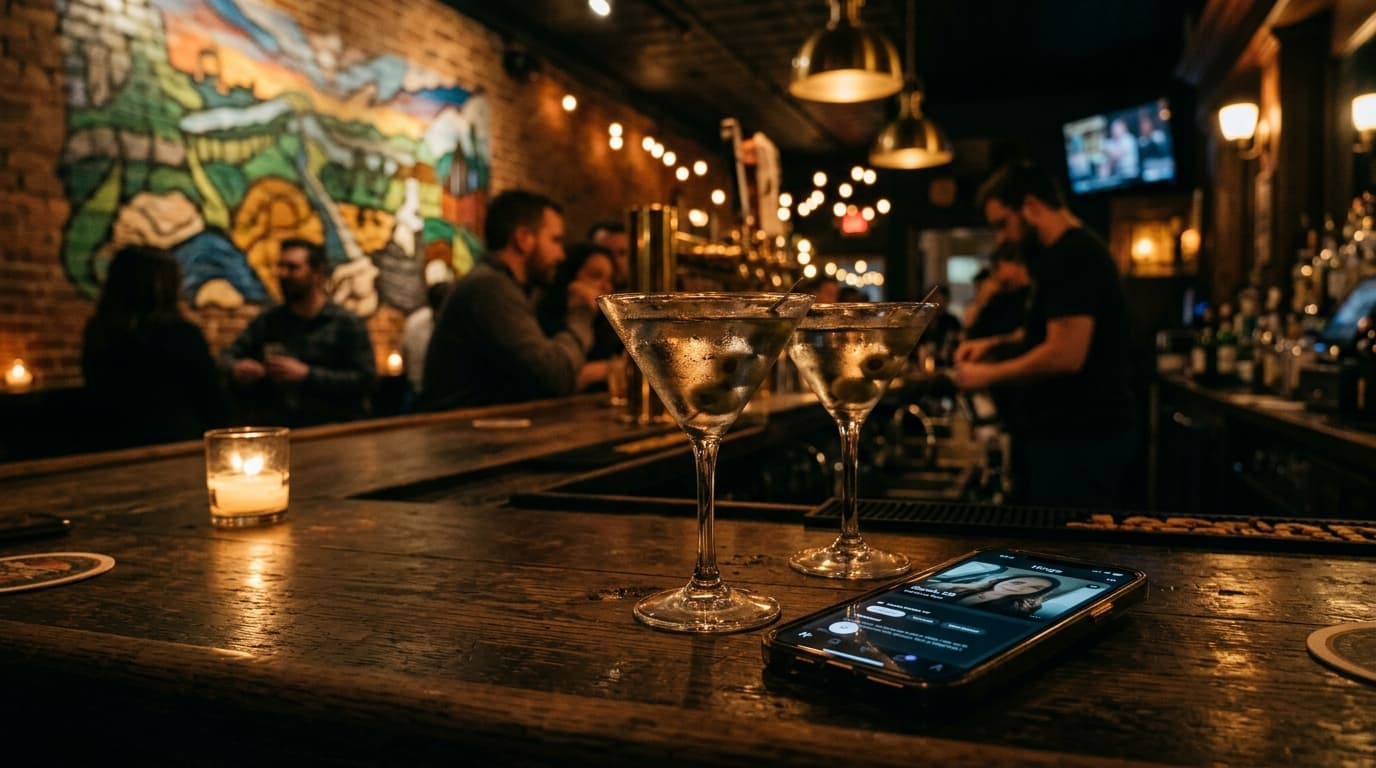 A low-angle shot of a dimly lit downtown Erie cocktail bar. On the dark wood surface, two martinis sit near a smartphone s...