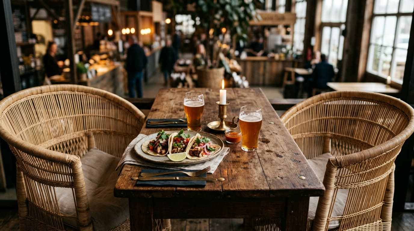 Overhead flat-lay, shallow depth of field. Two empty wicker chairs face a wooden table at the food hall, featuring a share...