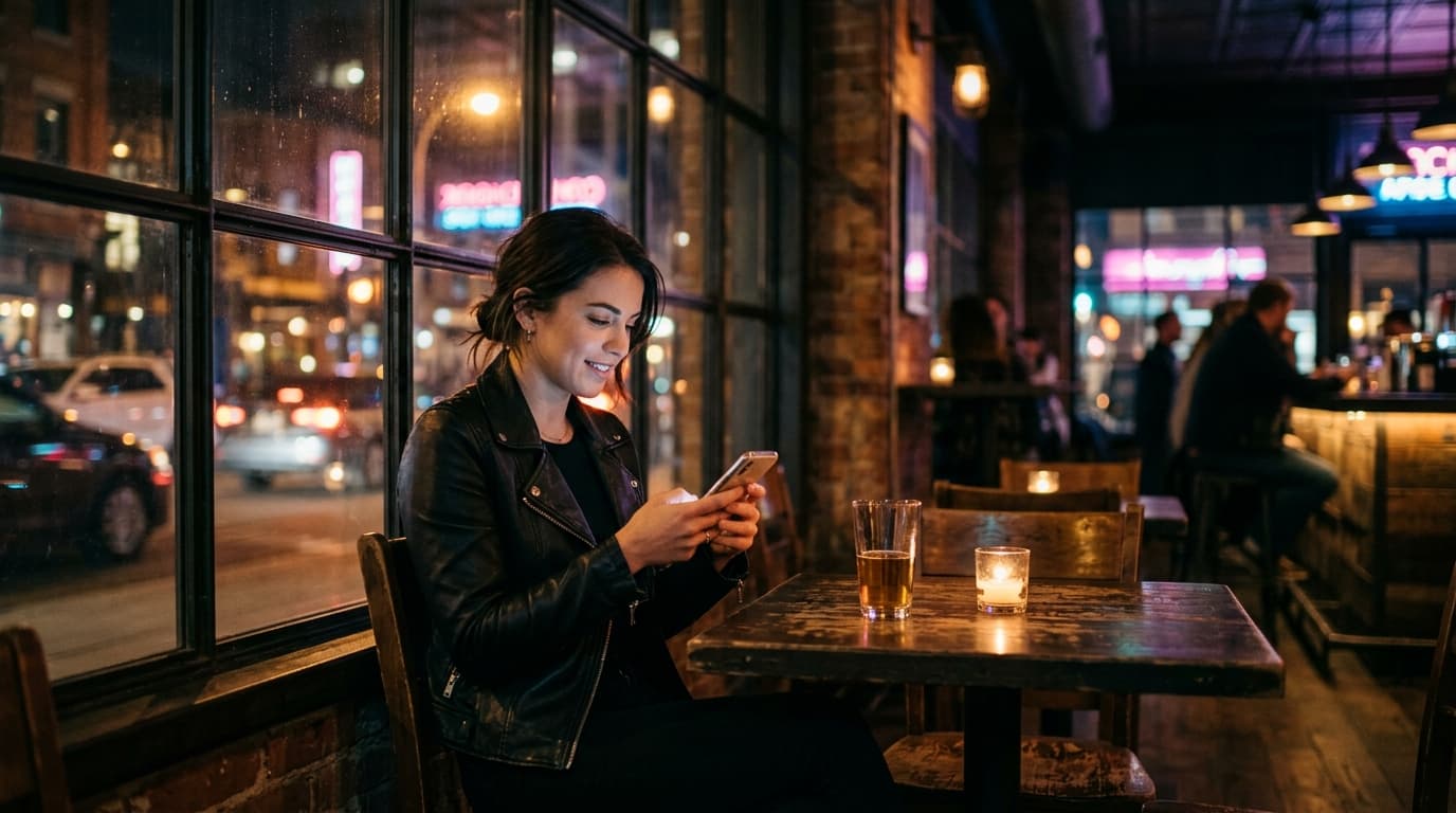A candid shot of a woman in a leather jacket sitting in a dimly lit Ember + Forge, glowing smartphone in hand, blurred urb...