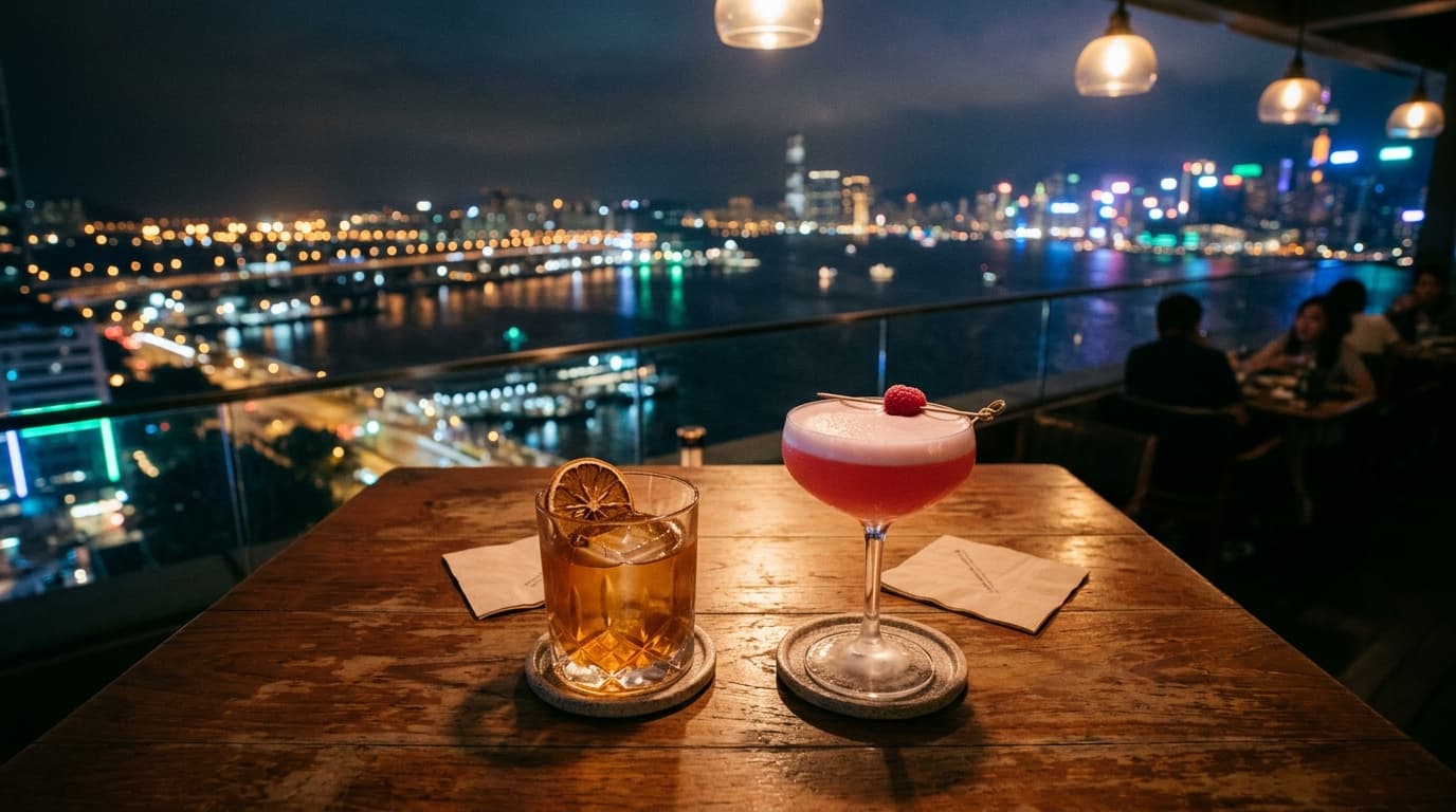 24mm wide-angle, centered symmetric shot of two cocktails on a polished wooden table at Oliver’s Rooftop, overlooking the...
