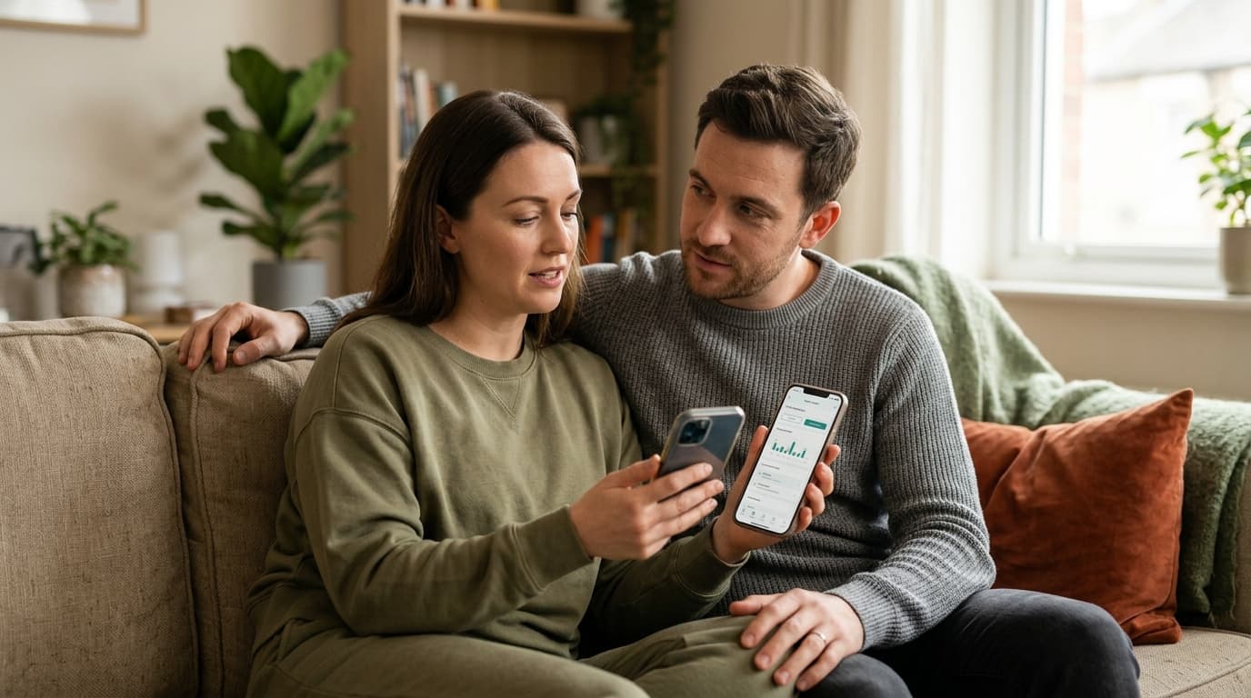 A couple in cotton loungewear sits calmly on a sofa. One person holds a smartphone displaying a shared digital health port...