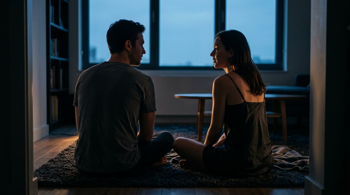 A couple sits facing each other on a plush rug. The woman wears a silk slip, the man a thin t-shirt. Deep blue hour shadow...