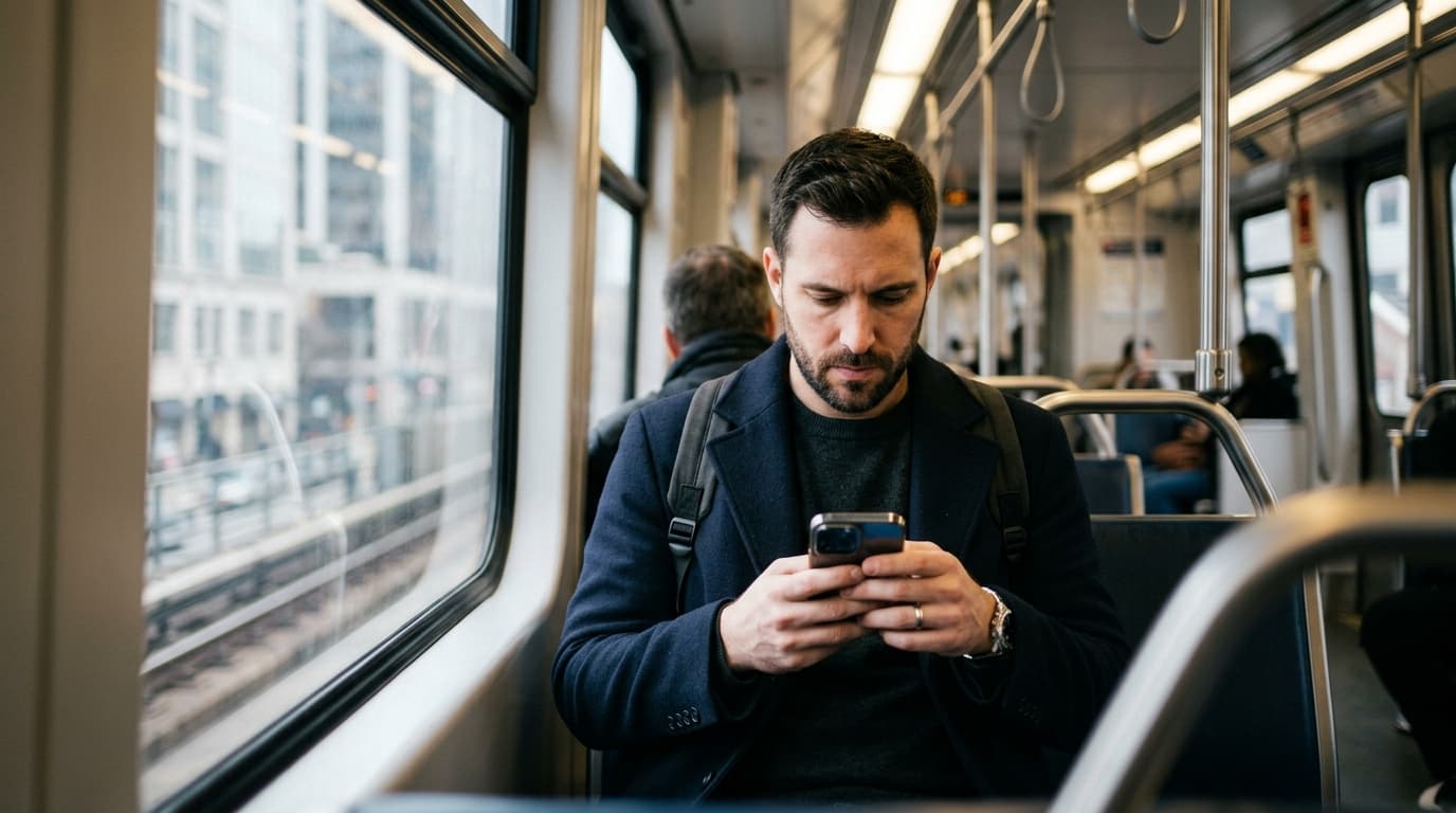 Close-up, tilt-shift focus on a man in a navy wool coat checking his phone on a train, illuminated by noon window light, l...