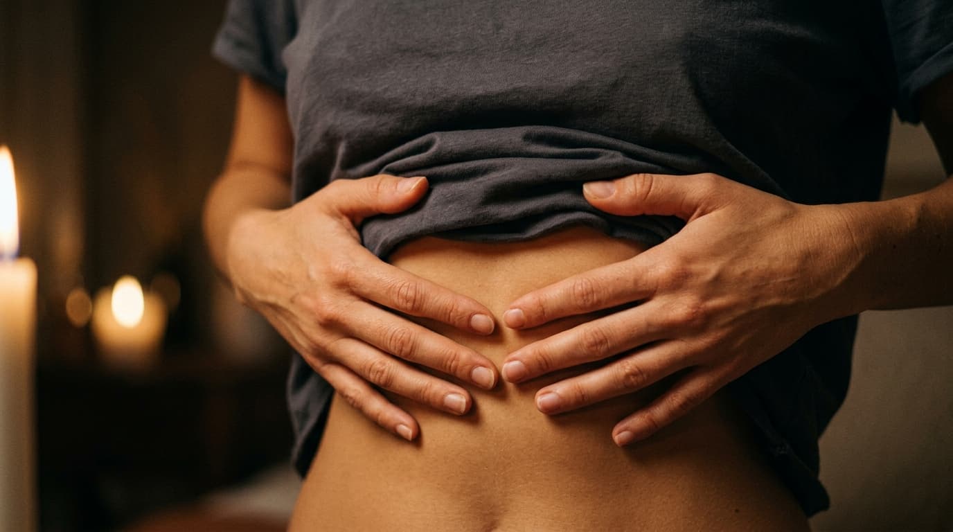 A pair of hands gently cups the warm skin of a lower ribcage, fingers slightly splayed and pressing into the soft tissue,...