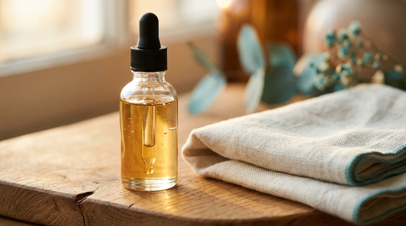 Extreme macro shot of a single clear glass dropper bottle containing botanical oil, resting beside a neatly folded, organi...