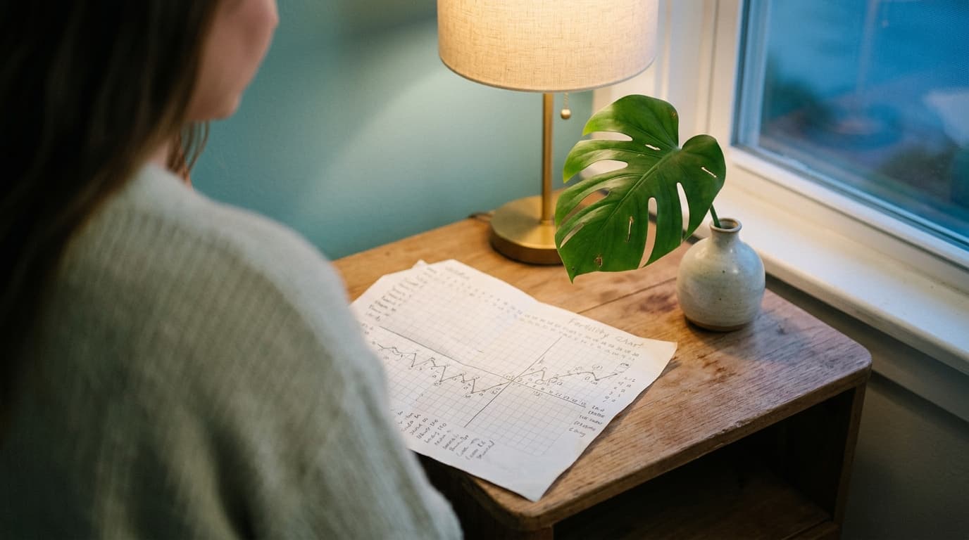 A worn, hand-drawn fertility tracking chart rests on a minimalist wooden bedside table. Beside it, a single monstera leaf...