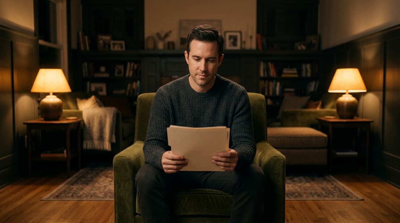 A man in a soft charcoal sweater sits centered on a velvet armchair in a dim living room. He holds a medical chart calmly,...