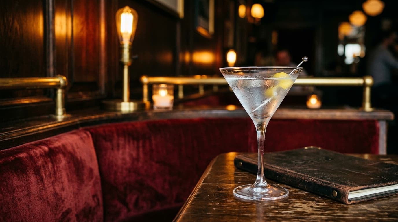 Extreme close-up of a dimly lit, velvet-lined corner booth at Social. A single crystal martini glass, condensation beading...