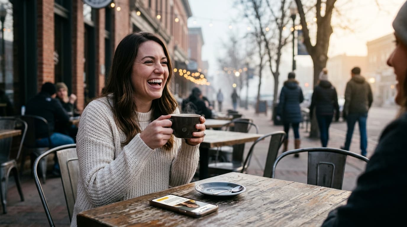 A woman in a cream sweater sits at a downtown Fort Collins cafe patio, laughing over a steaming mug. Her smartphone, displ...