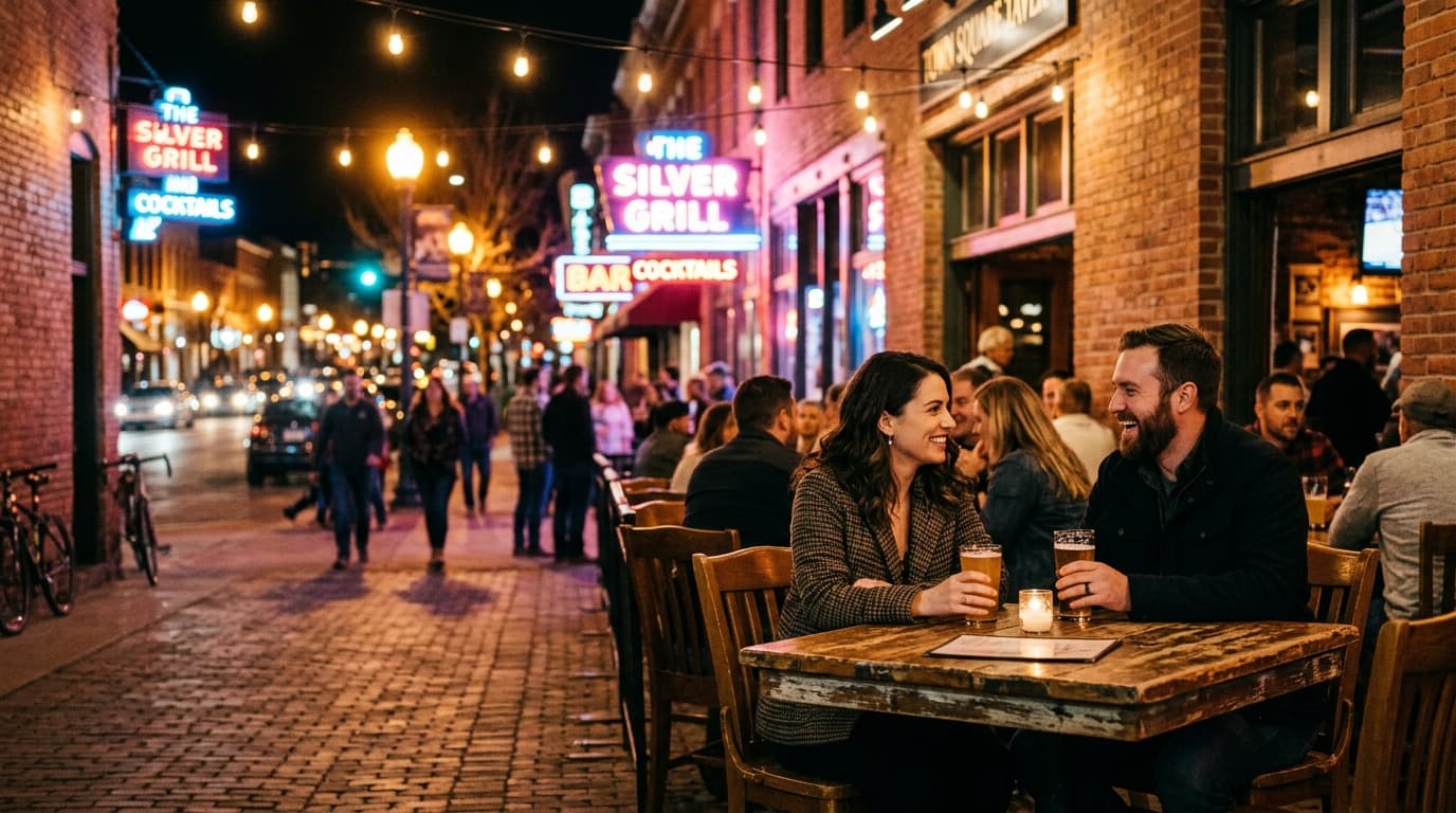 A wide 35mm documentary shot at night. A couple sits at a rustic outdoor table in Old Town Fort Collins, illuminated by wa...