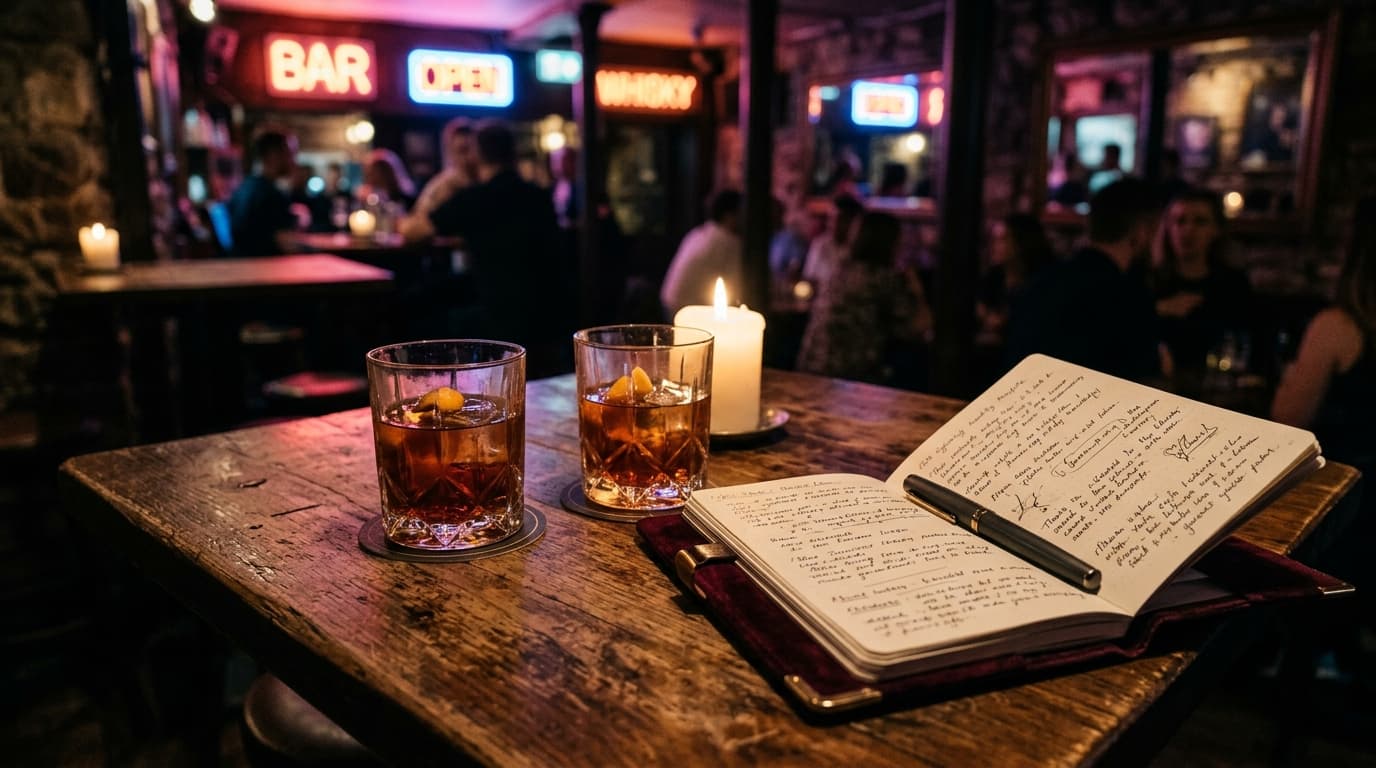 A close-up, top-down shot of a dimly lit, rustic wooden table inside a subterranean bar. Two crystal glasses of dark amber...