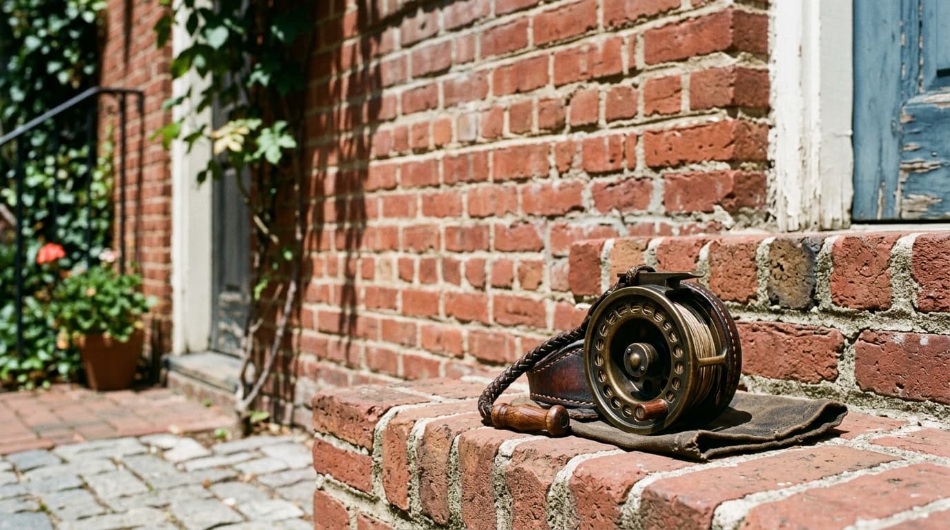 A high-end artisan leather fly-fishing reel sits on a weathered brick stoop in Old Town. Noon sun casts sharp shadows acro...
