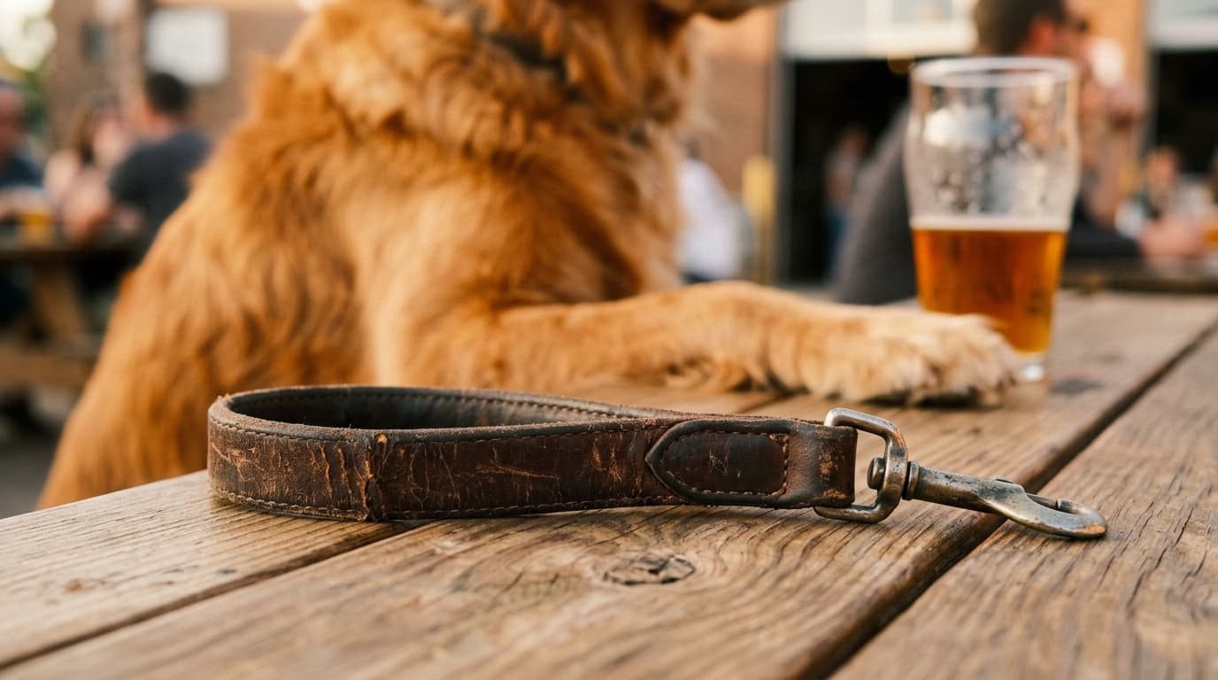 100mm macro, golden hour. A worn leather leash handle rests on a rustic wooden picnic table at Odell Brewing. In the tight...