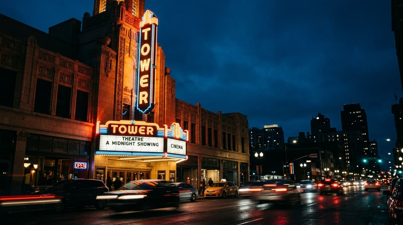 A low-angle, sharp-focus shot of the historic Tower Theatre’s glowing neon signage against a deep midnight sky. The iconic...
