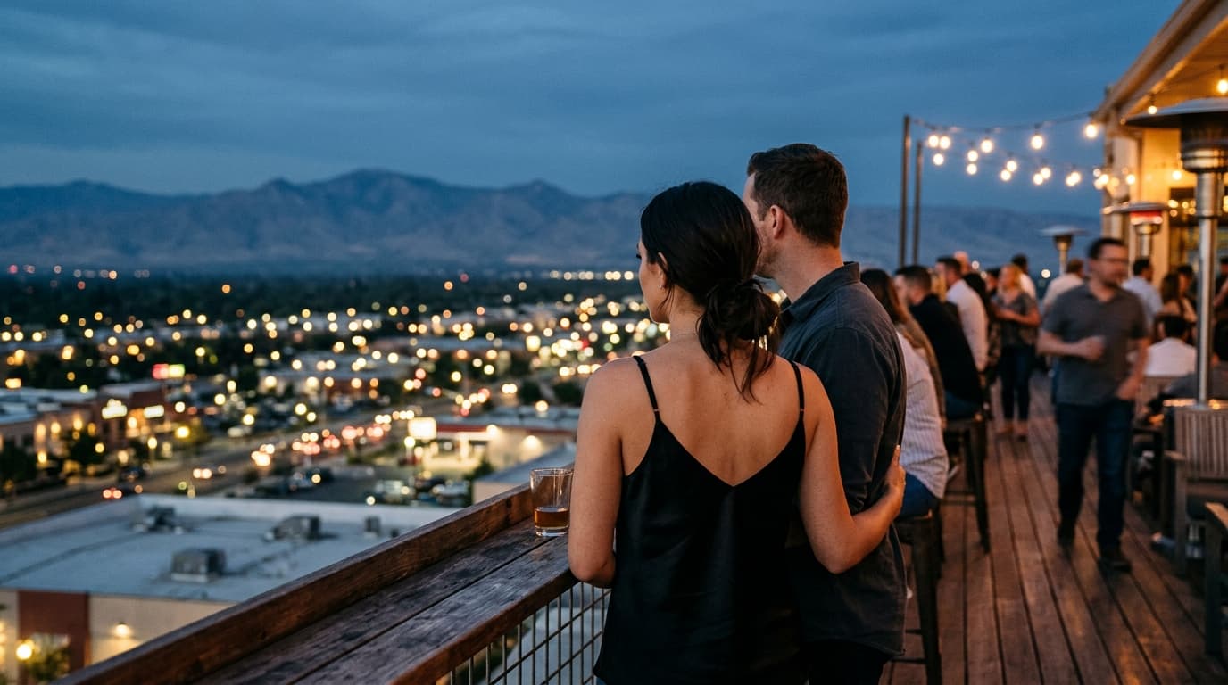 A couple stands on the Quail State rooftop, a woman in a black silk camisole gazing at the distant, hazy Sierras. Blurred...