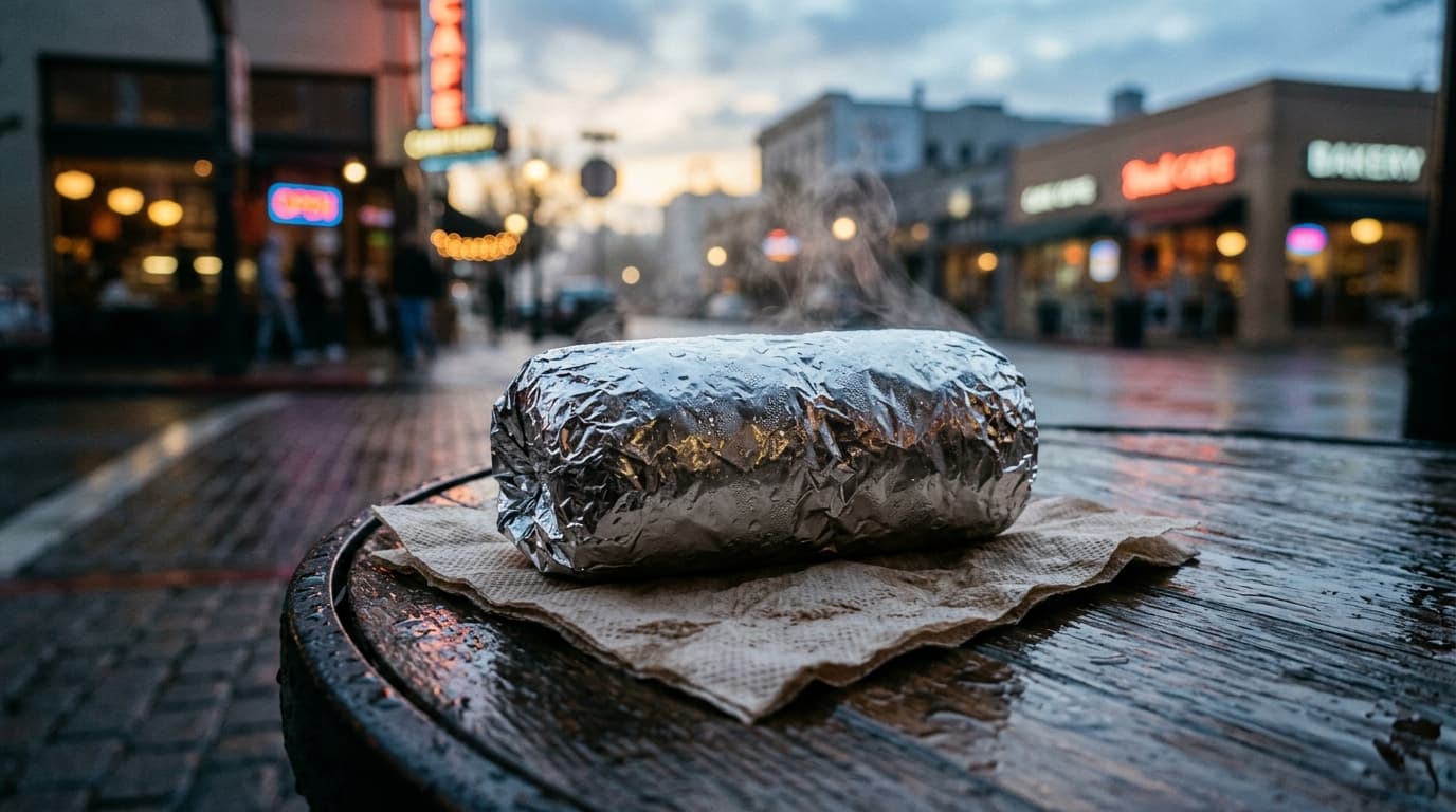 A tight, 100mm macro shot of a steaming foil-wrapped burrito resting on a crumpled napkin atop a rain-slicked Tower Distri...