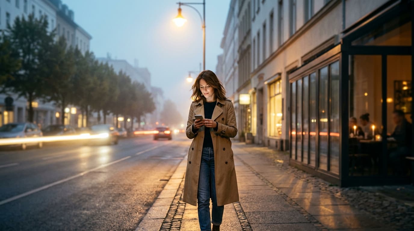 A medium shot shows a woman in a trench coat checking her phone under the bright, warm glow of a streetlamp on Olive Avenu...
