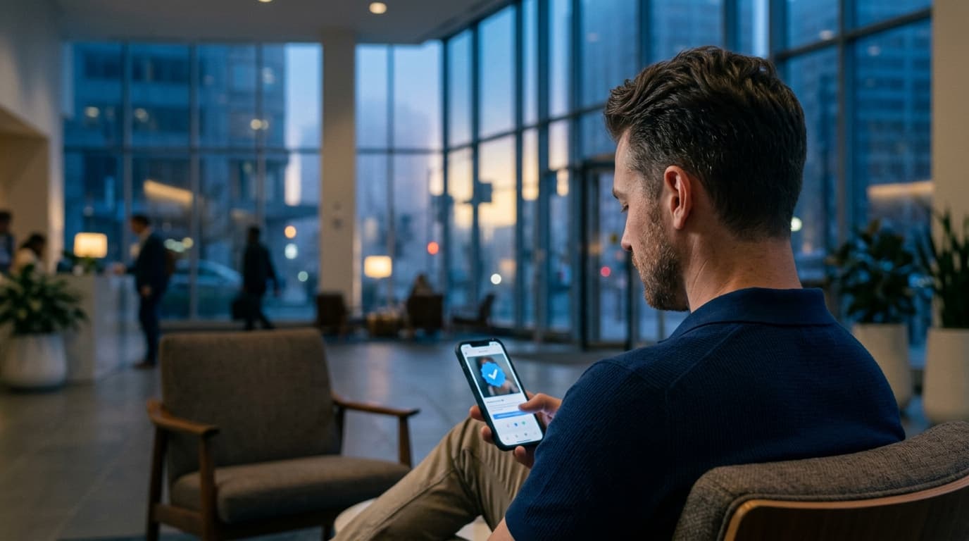 A 35mm over-the-shoulder shot at blue hour captures a man in a navy polo sitting in a quiet office lobby. His smartphone s...