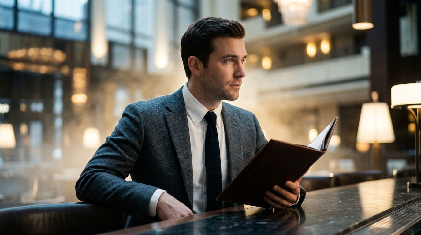 A low-angle, 85mm portrait captures a man in a crisp charcoal blazer holding a leather-bound menu at a dimly lit, upscale...