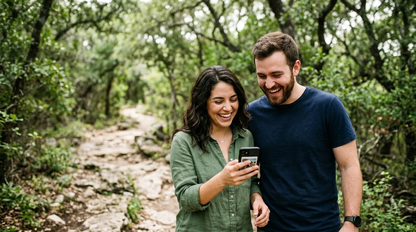 A couple in casual weekend attire shares a laugh on a limestone Arbor Hills trail at noon. Selective focus blurs the lush...