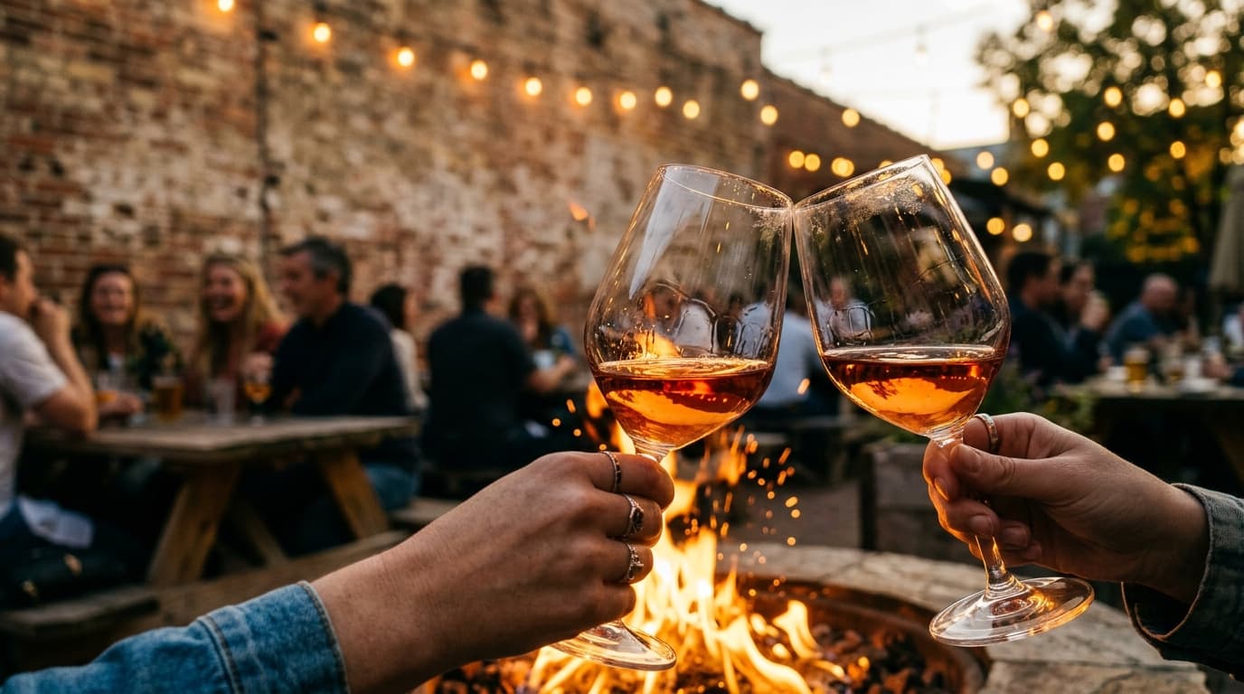 Extreme close-up macro of two crystal wine glasses clinking against the glow of a fire pit at Eight 11 Place. The backgrou...