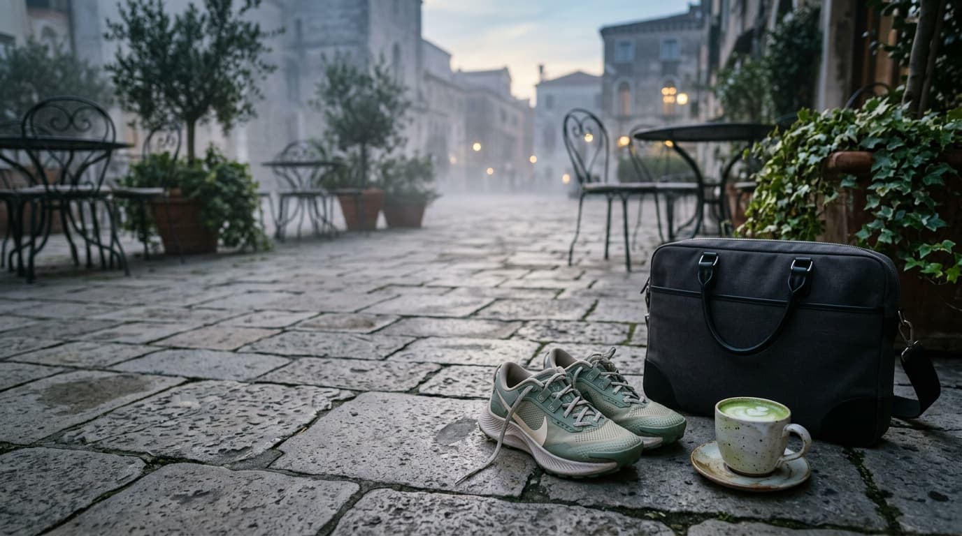 Overhead shot on a textured stone patio; a pair of designer running shoes and a sleek laptop bag sit beside a half-finishe...