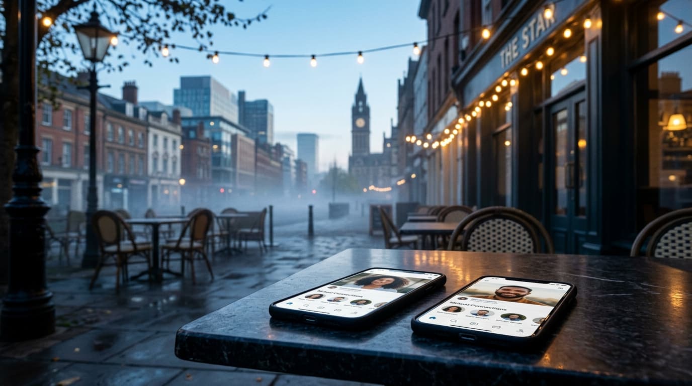 A wide establishing shot at night showing two sleek smartphones side-by-side on a glossy outdoor cafe table at The Star, d...