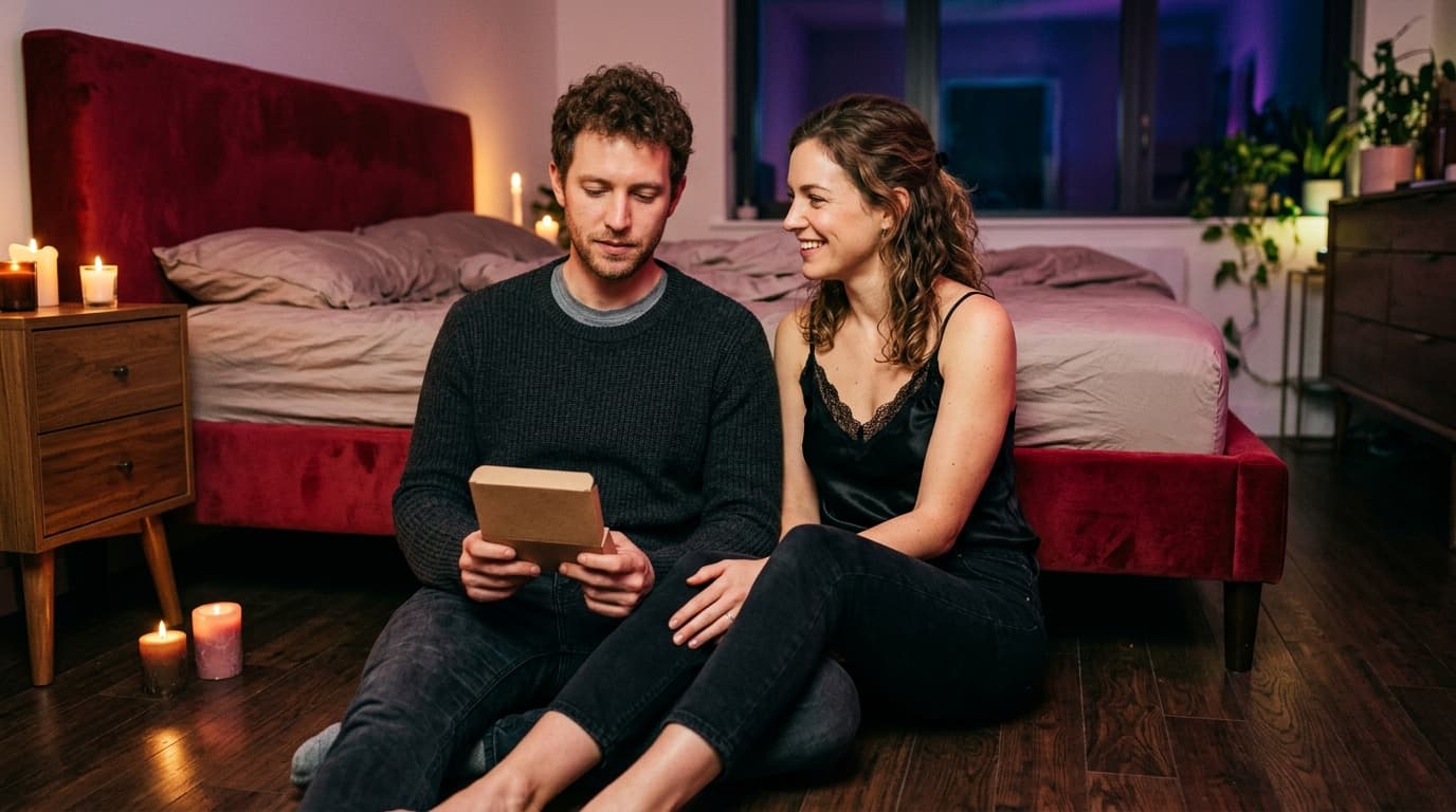An attractive couple sits on a hardwood floor, backs against a bed. The man holds a medical testing kit box while the woma...