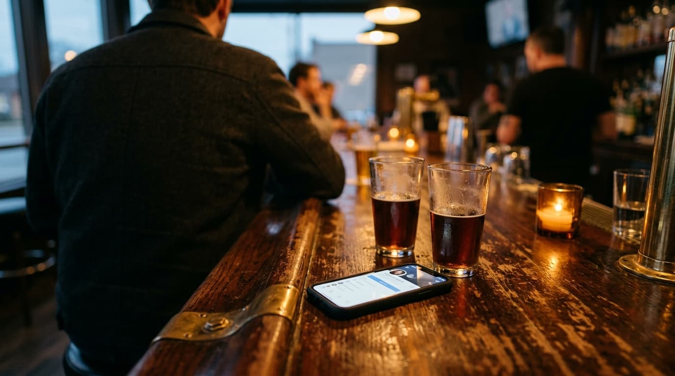 An over-the-shoulder view from a dive bar corner. A smartphone displaying a verified local profile rests on a scarred wood...