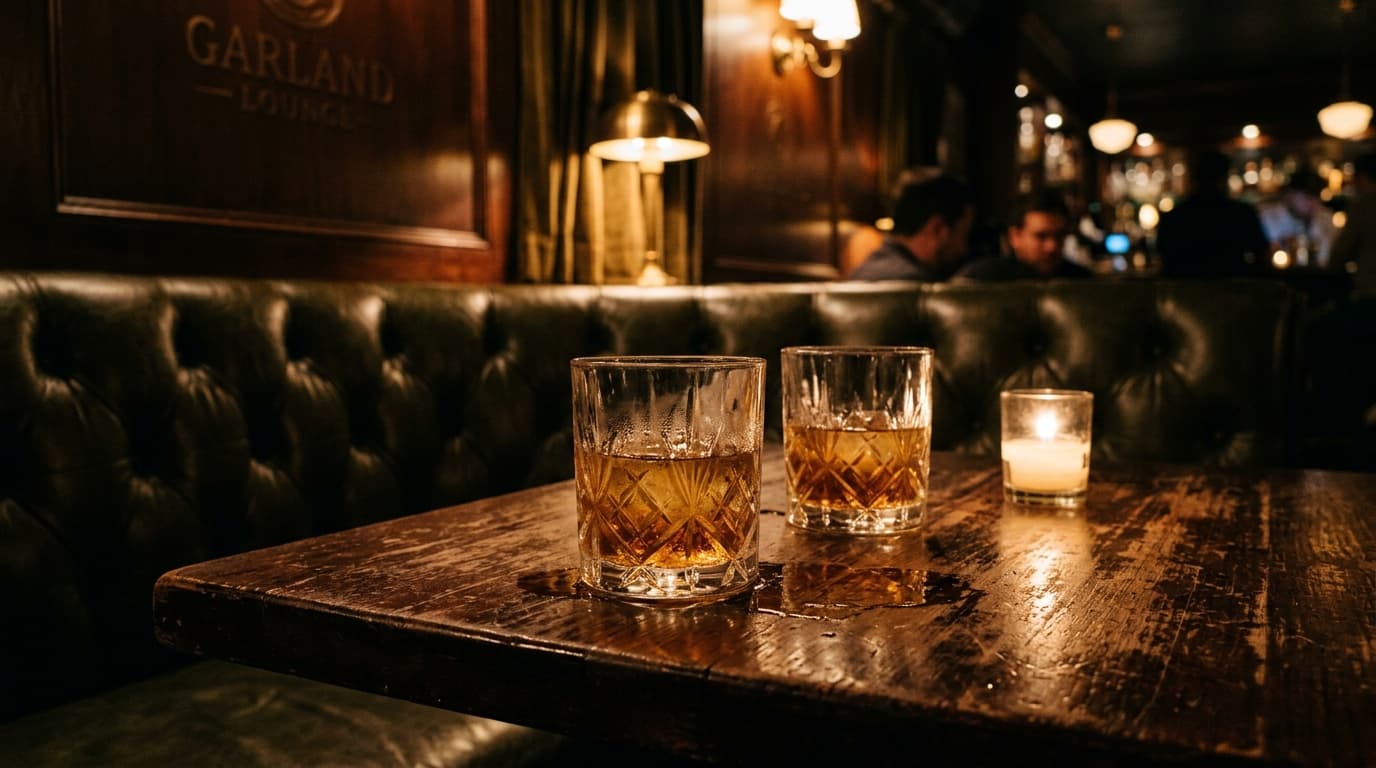 A deep leather booth at a dimly lit Garland lounge. Two crystal tumblers of amber whiskey rest on the scarred wood table,...