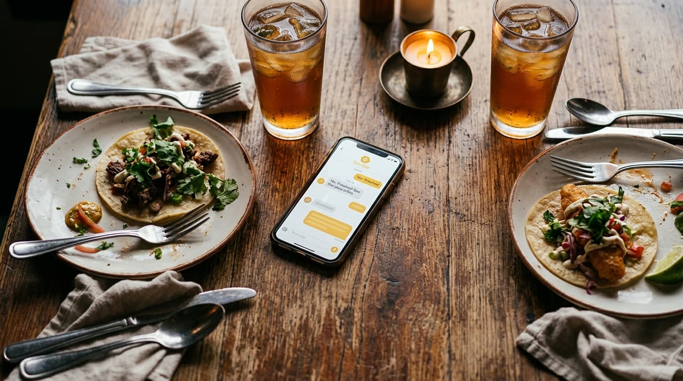 Overhead flat-lay, 100mm macro. A weathered wooden table holds two half-full taco plates and two sweating iced teas. A sma...