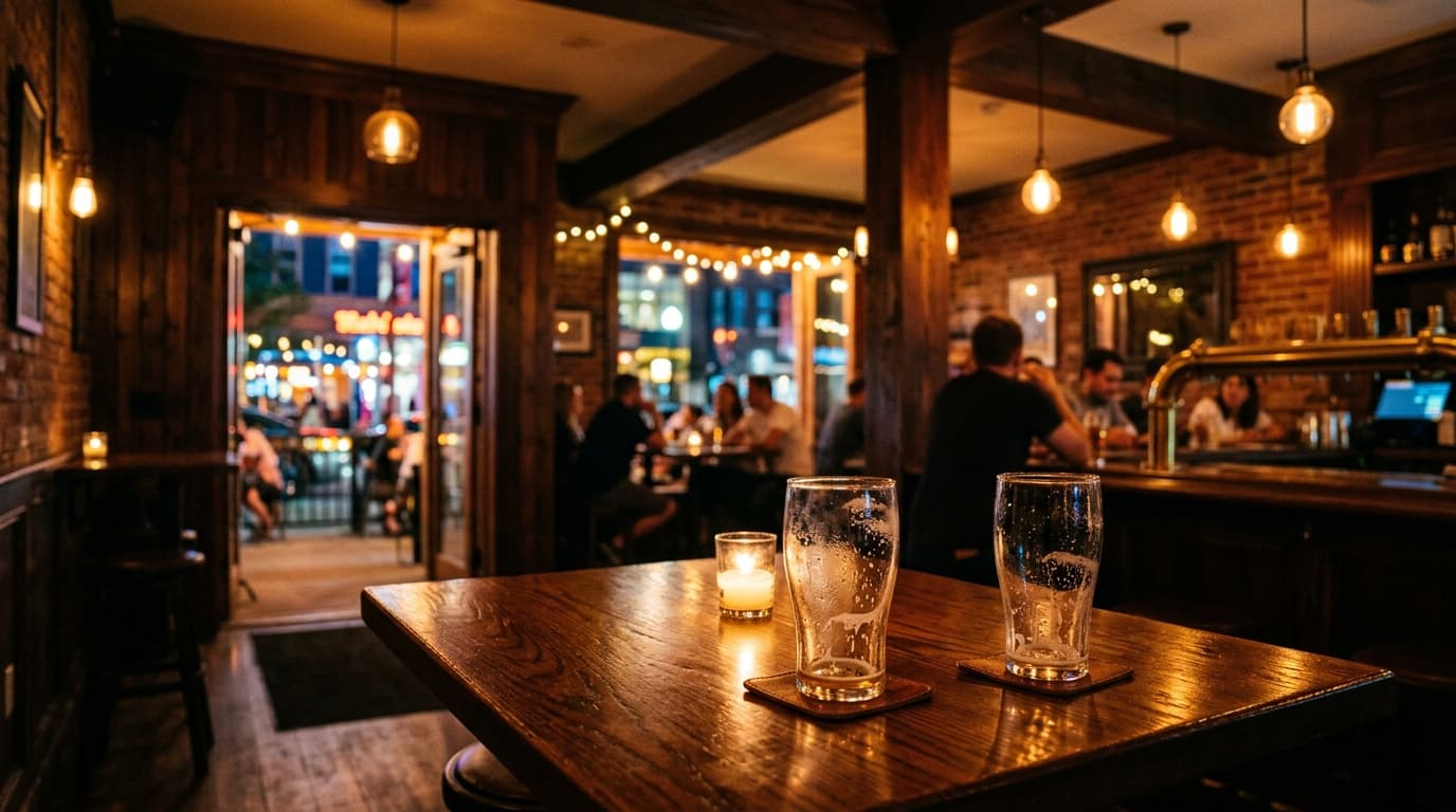 Wide-angle shot of a rustic brewery interior at night. Two empty pint glasses sit on a polished wood table, blurred city l...