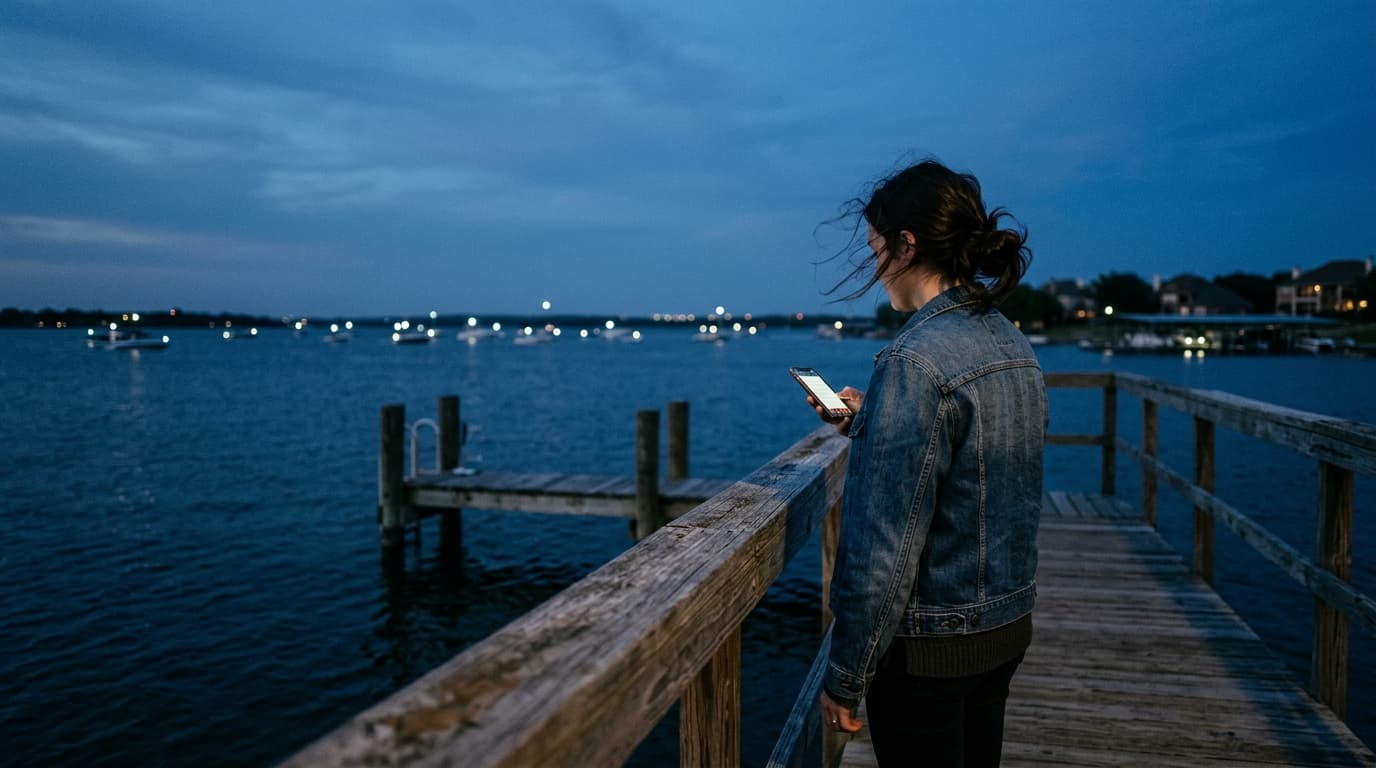 A young woman in a denim jacket stands on a wooden Lake Ray Hubbard pier at blue hour, holding a smartphone. In the backgr...