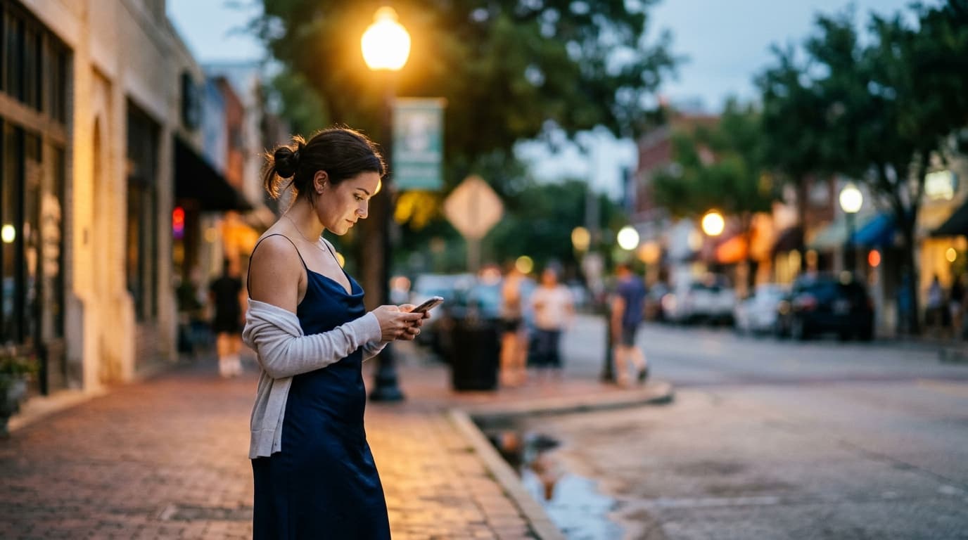 A low-angle 85mm shot shows a woman in a silk slip dress checking her live location on a phone, standing under a bright Fi...