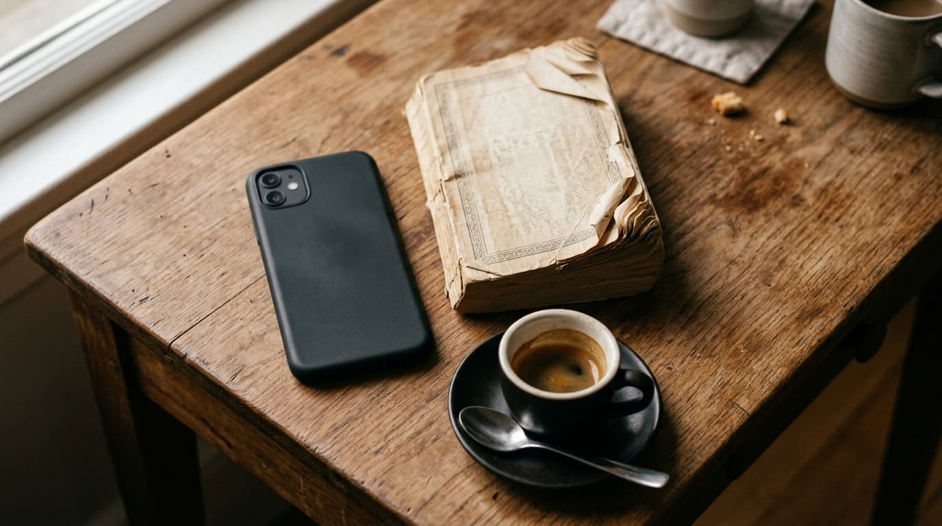 An overhead flat-lay of a wooden side table. A single smartphone lies screen-down next to an unread, dog-eared paperback b...