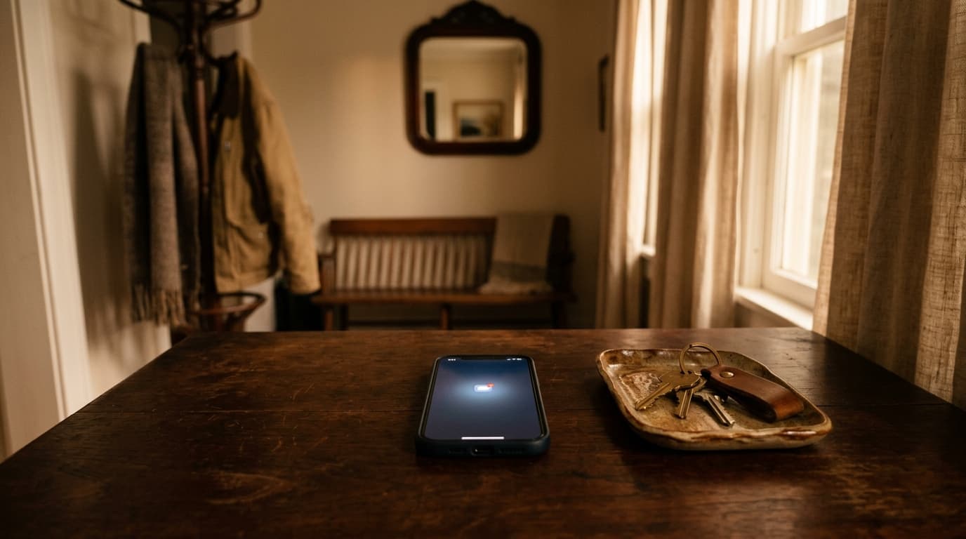 A single smartphone sits centered on a mahogany entryway table, its screen glowing with one unread notification. Beside it...
