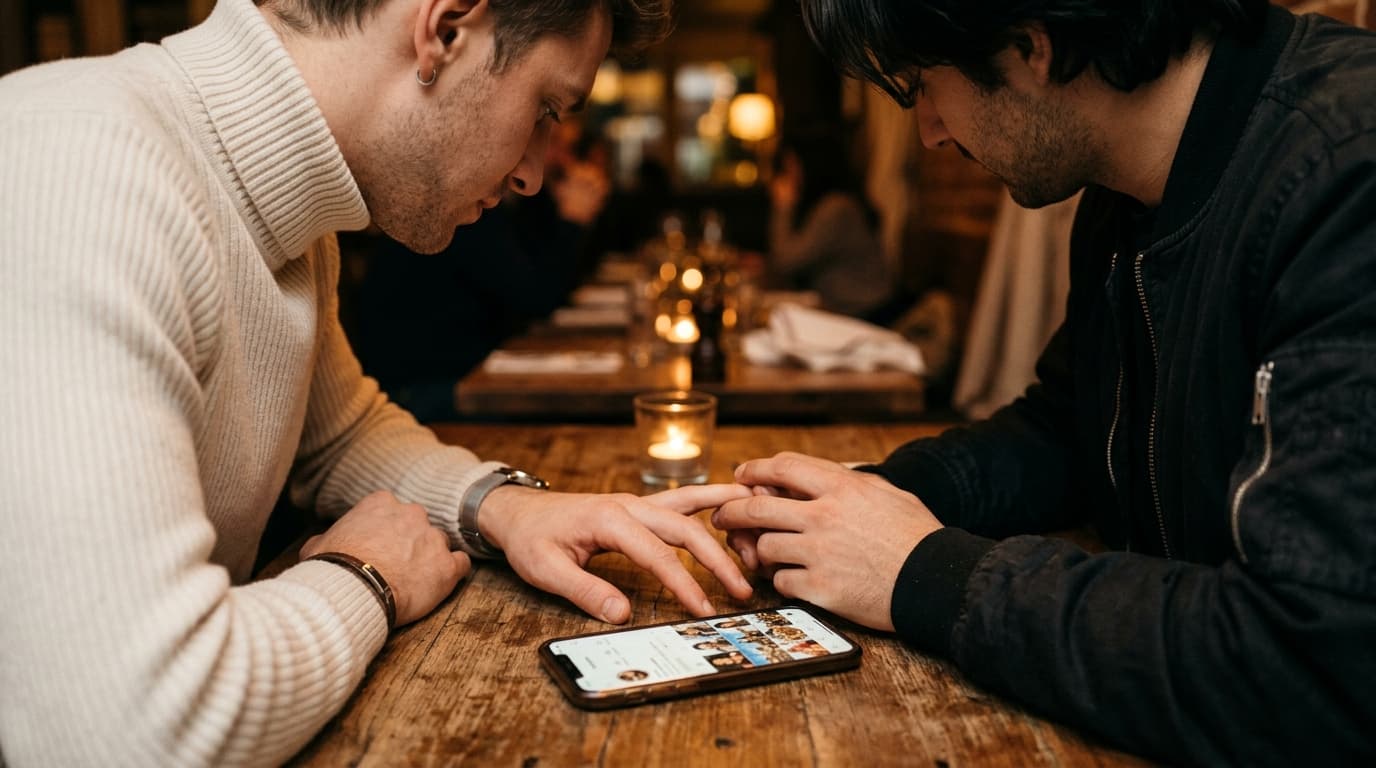 A man in a cream turtleneck and a man in a black bomber jacket lean toward each other, their hands brushing near a glowing...