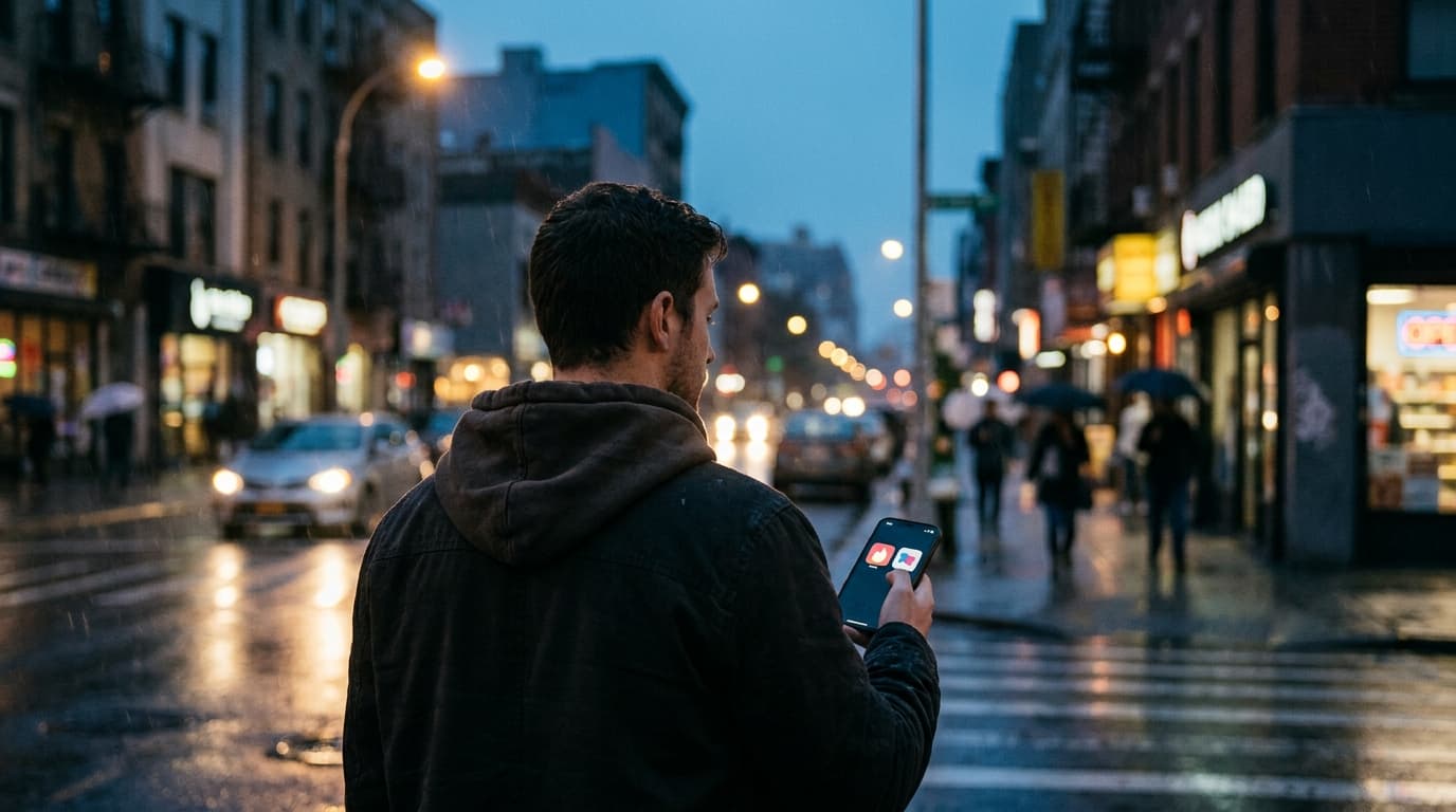 A man in a dark hoodie stands on a rain-slicked city corner at blue hour. Over his shoulder, his phone screen clearly disp...