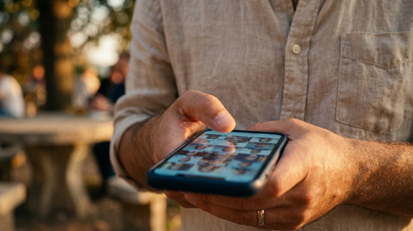 A man in a soft linen shirt sits at an outdoor table, his thumb hovering over a phone screen displaying a dense grid of fa...