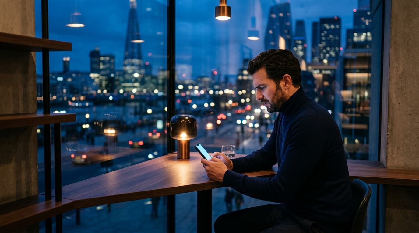 A man in a sleek navy turtleneck sits at a dimly lit corner table, looking frustratedly at his phone. Selective focus high...