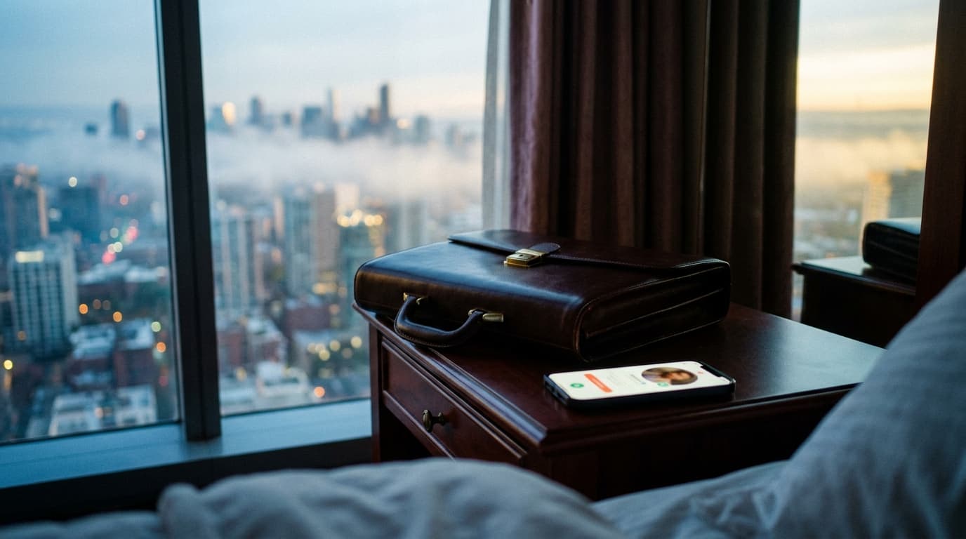 Low-angle hero shot of a polished leather briefcase resting on a mahogany hotel nightstand. Beside it, a smartphone glows...