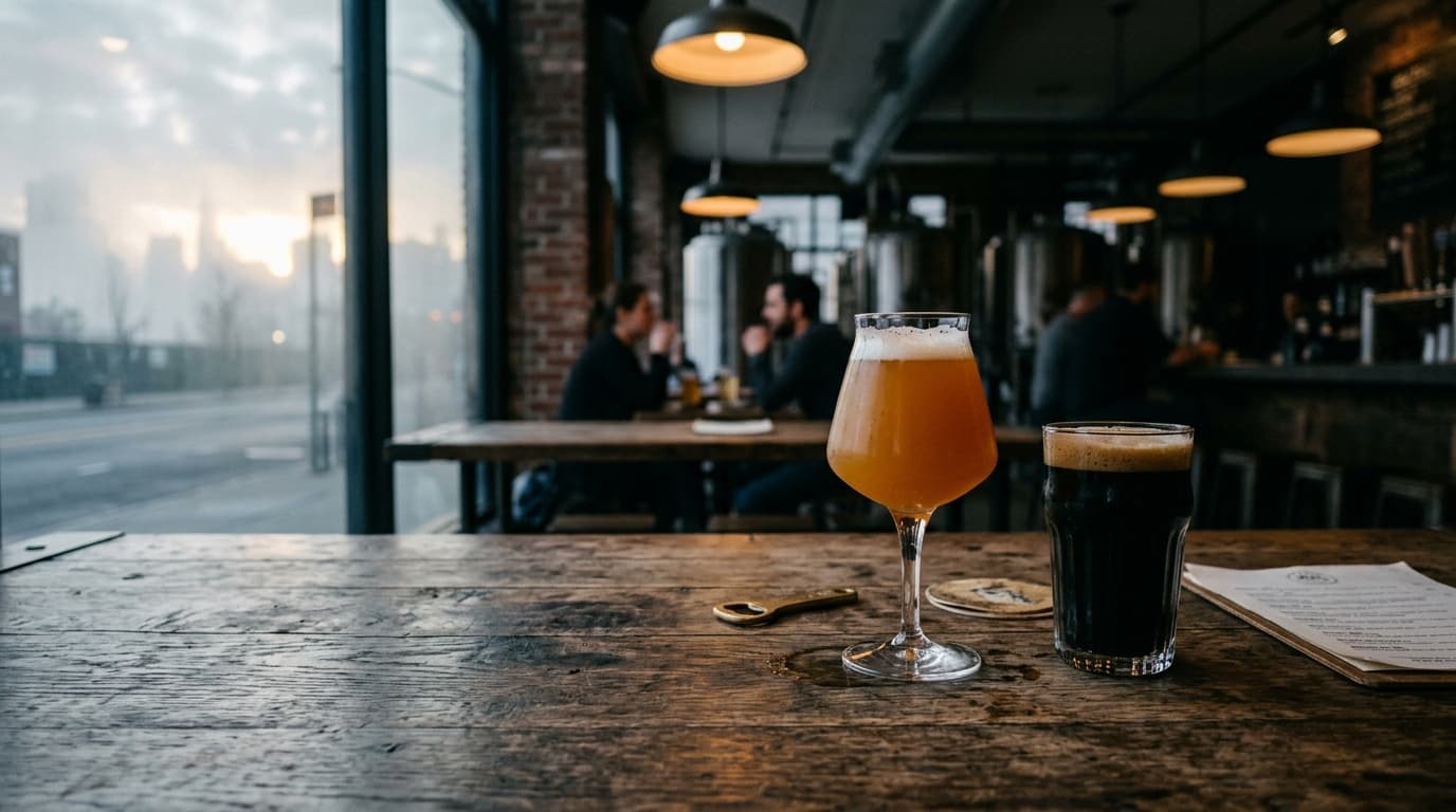 A 35mm documentary shot of two craft beer glasses resting on a rustic wooden table at a Midtown brewery, offset right, wit...
