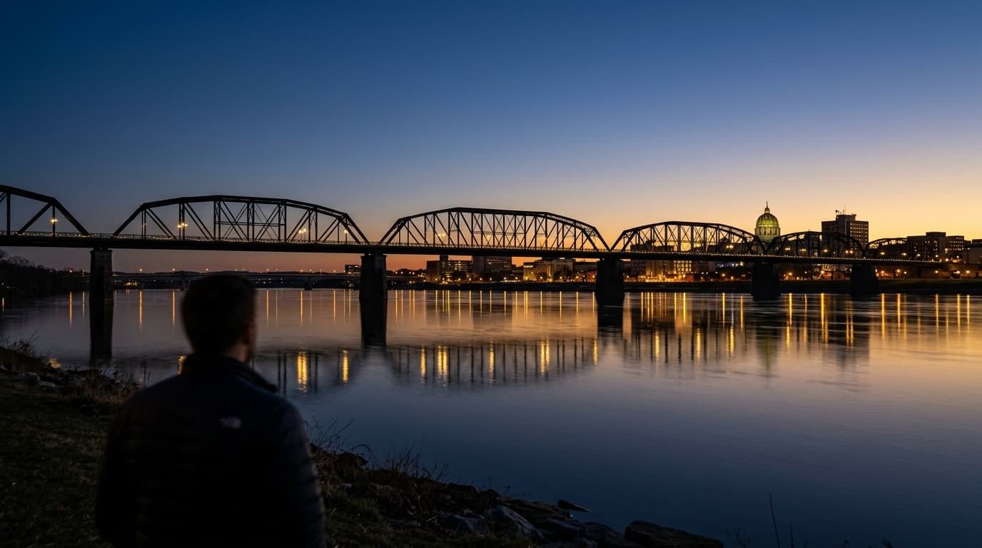 A 24mm wide-angle shot captures the Walnut Street Bridge silhouetted against the indigo twilight sky, perfectly centered o...