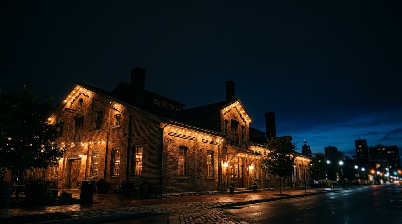 A low-angle shot of The Millworks’ industrial brick exterior at midnight, illuminated by soft amber Edison bulbs, with neg...